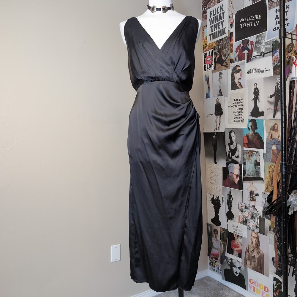Black Ruched Satin V-Neck Maxi Dress